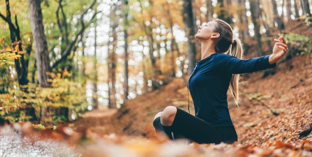 Woman,Doing,Yoga,Pose,In,Peaceful,Natural,Forest.,Lifestyle,And